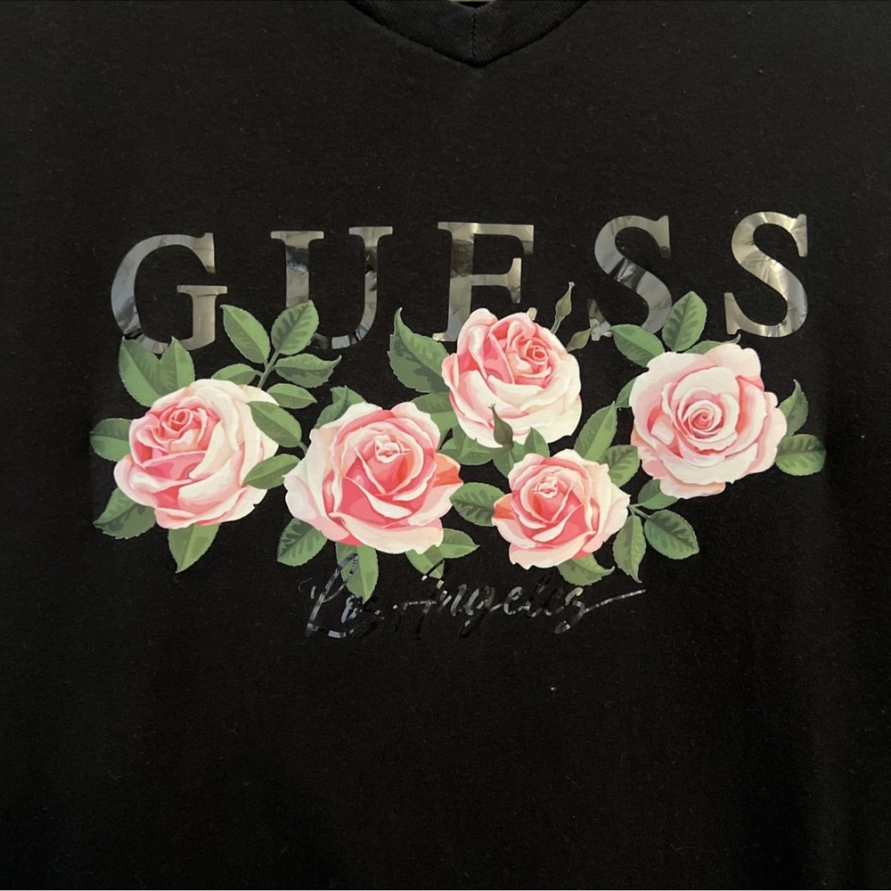 Guess Black T-Shirt with Pink Floral Design - Picture 3 of 5